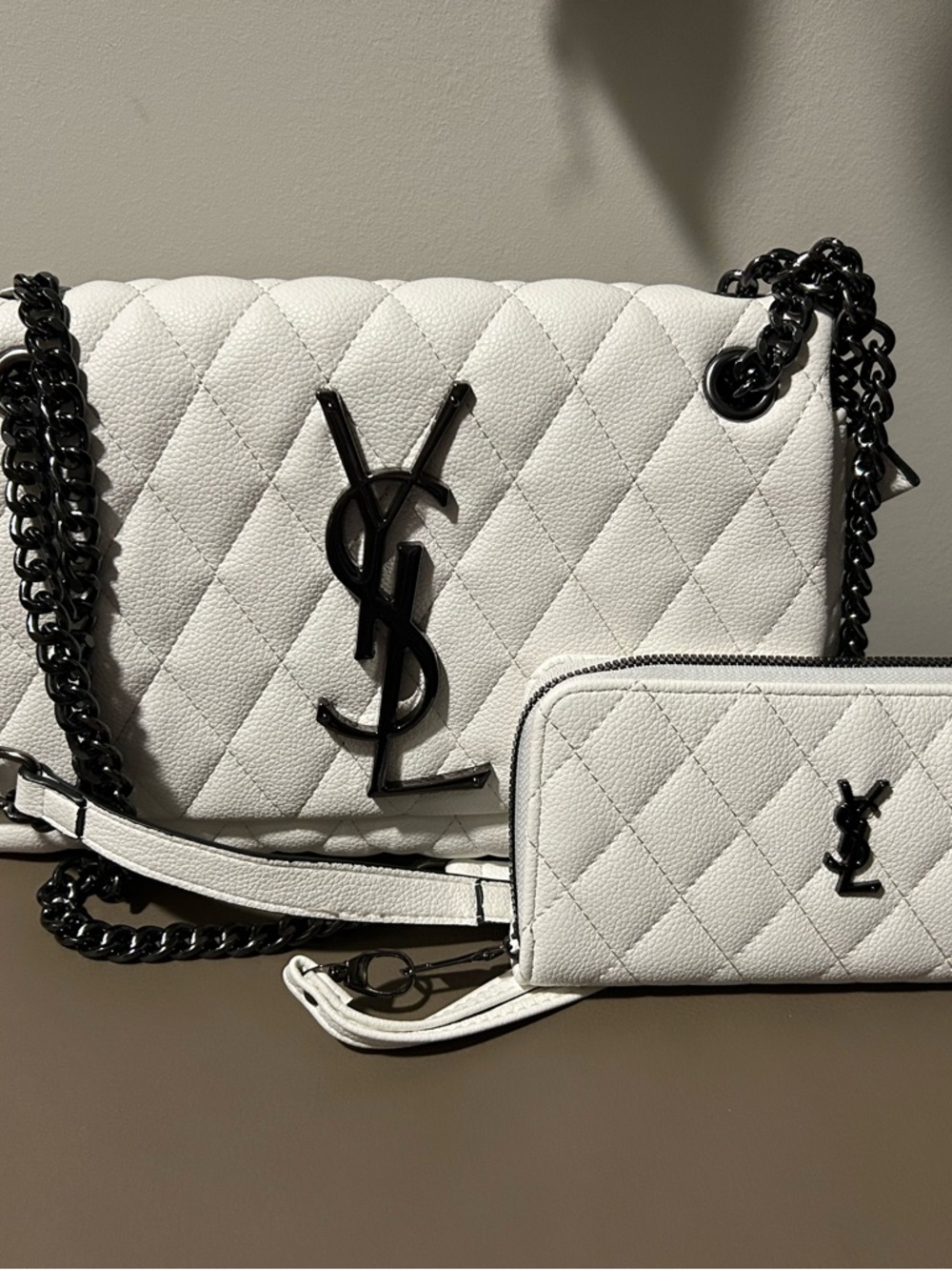 INSPIRED Saint Laurent White Quilted Leather Shoulder Bag with Wallet.